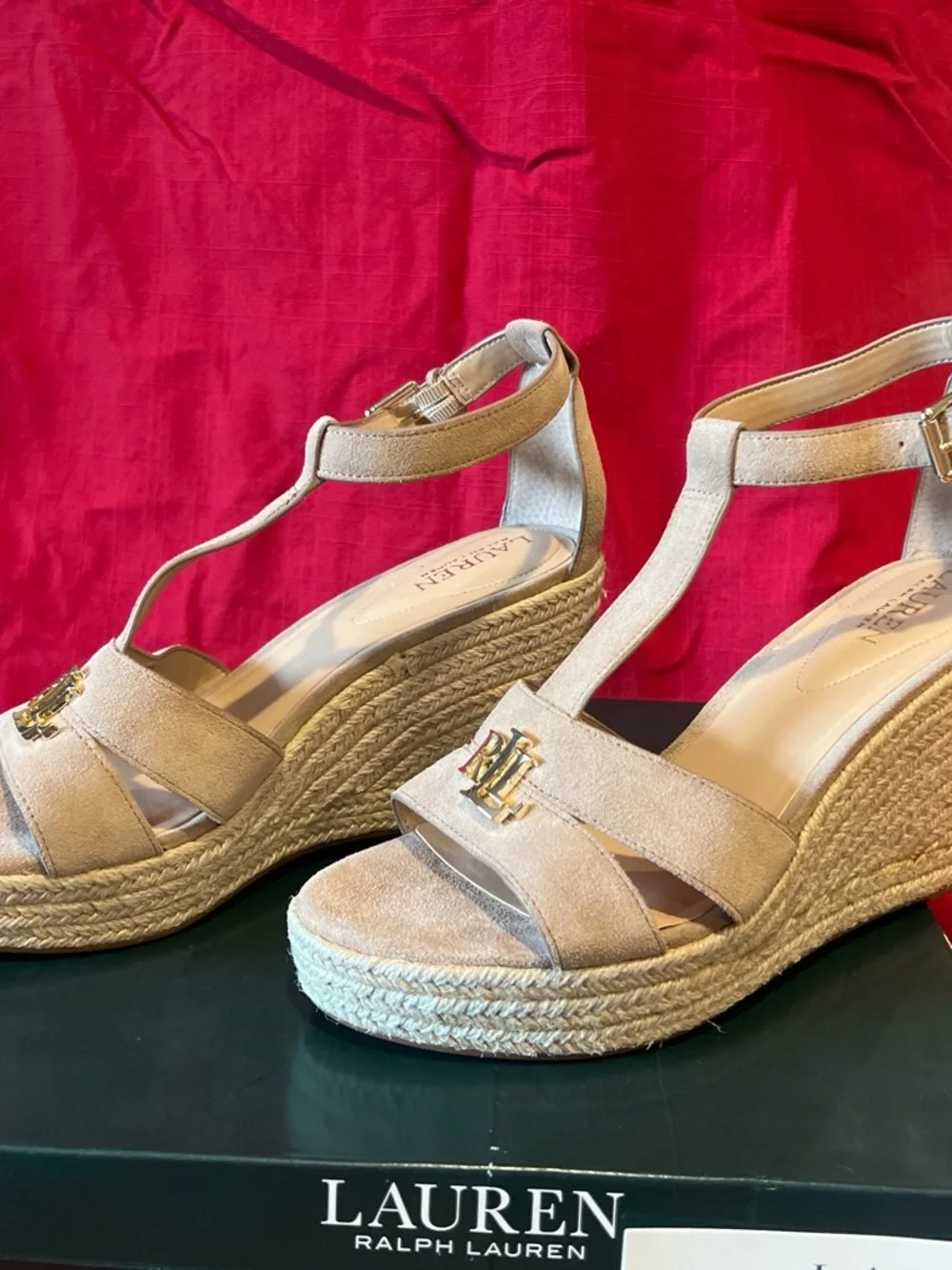 Ralph Lauren Beige Suede Wedge Espadrille Sandals with Gold RL Hardware 10B